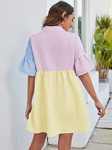 Floerns Women's Color Block Printed Short Sleeve Button Front Striped Shift Dress2