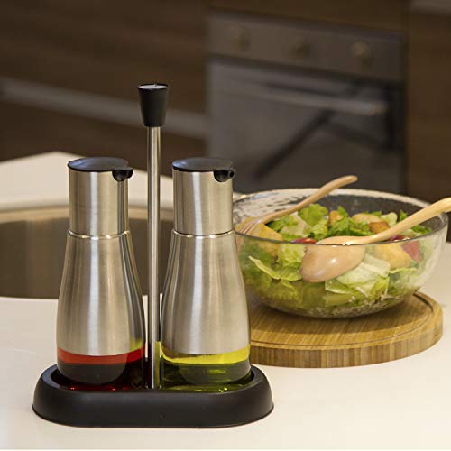 Evelyne GMT-10045-BK Stainless Steel Oil Vinegar Dispensers Set with Tray, also for Soy Sauce and Light Dressing.