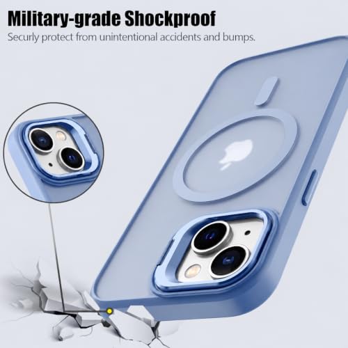 Image of Elzzi Kickstand Case for iPhone 15 Plus Case Compatible with MagSafe, Built-in Adjustable Camera Guard Stand, Translucent Matte Anti-Fingerprint Heavy Duty Shockproof Phone Cover - Official Blue