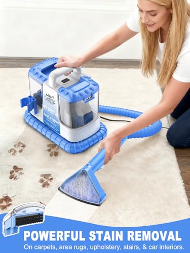 Image of Carpet Cleaner Machine, 20Kpa Powerful Suction with 5 Cleaning Tools, Cleaning Solution, Car /Auto Detailer, Lightweight Compact Design for Rug, Carpet, Car Seats, Pets, Stairs, Couches,Blue