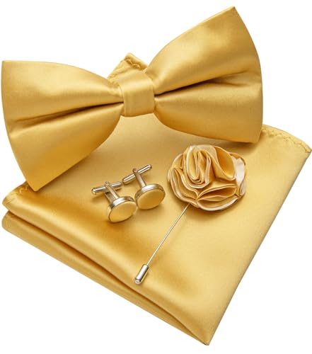 Image of Solid Color Bow Ties for Men Silk Pre-tied Tuxedo Bowtie Set 4PCS | Pre-tied in 3 seconds,adjustable 4PCS bow tie and pocket square cufflinks lapel pin set,wedding,formal,party,prom,graduation