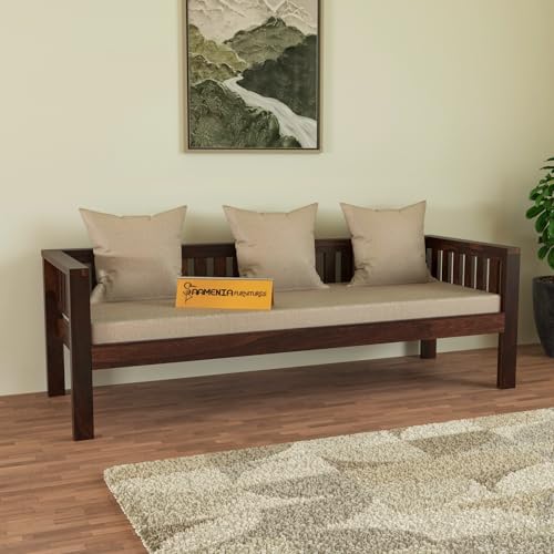 Image of Solid Wood Sheesham 3 Seater Low Height Sofa | Three Seater Sofa for Living Room, Home, Office Furniture with Beige Cushion - Walnut Finish