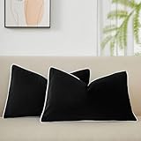 JUSPURBET Black Luxury Velvet Lumbar Throw Pillow Covers with Piping 16x24 Inch Set of 2 Washable Accent Cushion Cases for Sofa Bed Home Decor with Hidden Zipper