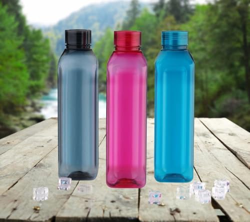 Image of BISA Luxury Matte Finish Premium Quality Plastic Water Bottle Combo Unbreakable, Modern Look Travel, Office, Home & School Use Set of 3 (Black, Blue & Pink) 1000ml Each