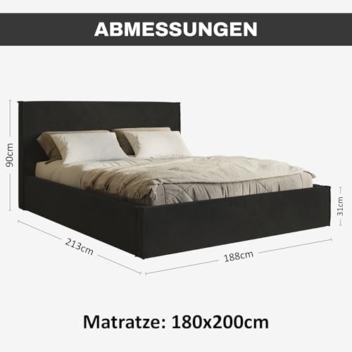 MOTIVENA Boho Bett 180x200 Schwarz Samt, mit Stauraum, mit Kopfteil, mit Lattenrost, ohne Füße, ohne Matratze, Polsterbett 180x200 mit Bettkasten Schwarz – Bild 3