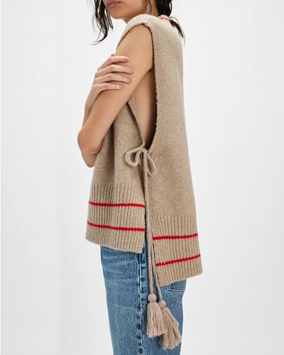 Locachy Women's Loose V Neck Sweater Vest Stripe Poncho Side Tie Sleeveless Pullover Tank Tops3
