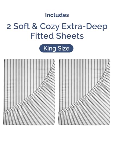 Image of CGK Linens 2 Pack Extra Deep King Fitted Sheets - Grey Stripes