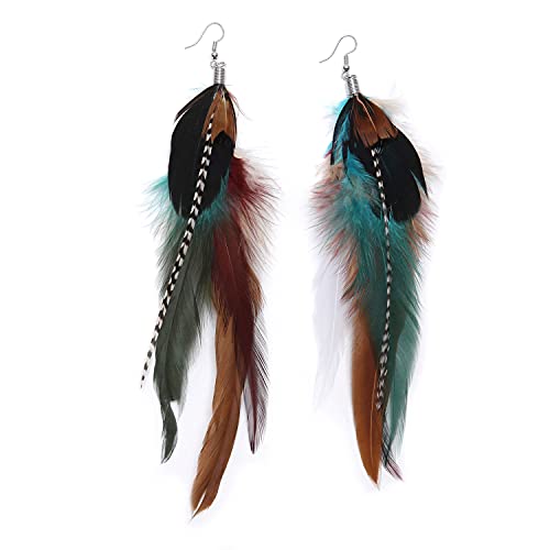 Handmade Natural Feather Dangle Earrings Vintage Bohemian Multicolor Pheasant Feathers Earrings for Womens (js000058)