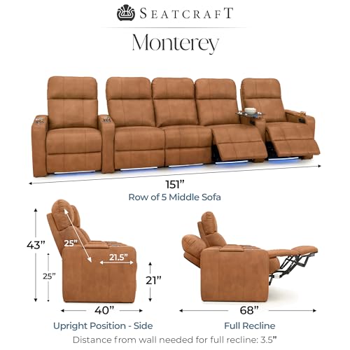 Image of Seatcraft Monterey Home Theater Seating Tawny Row of 5 Middle Sofa | Italian Leather, Wall Hugger, Zero Gravity, Powered Headrest, Power Recline, Zero Gap, USB charging