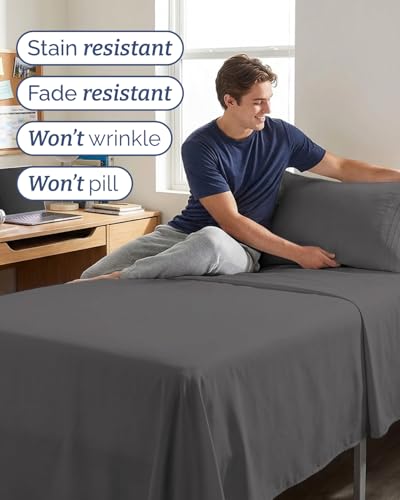 Image of Twin XL 4 Piece Sheet Set - College Dorm Room Essentials - Dark Grey | Ultra Soft Dorm Bedding Set, 8 inch to 16 inch Inch Deep Pockets, 1 Flat & 1 Fitted Sheet & 2 Pillowcases, Wrinkle & Fade Free