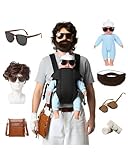 HRTELISI Hangover Costume Alen, 8Pcs Doll, Baby Carrier, Brown Wig,Fake Beard Moustache, Sunglasses*2, Bandage, Crossbody Bag, Mens Halloween Funny Costumes for Adult