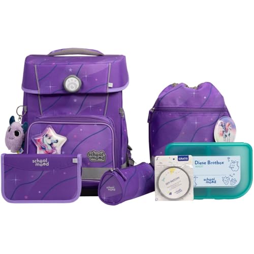 SCHOOL-MOOD Champion Pro Marie Pegasus Schulranzenset 7-teilig 21,5L Stauraum, ergonomisches Easy Fit System für 1 m bis 1,50 m Körpergröße, standfest, wasserabweisender Stoff mit Reflektoren