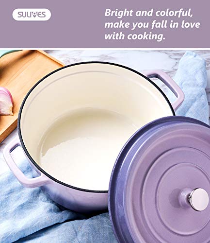 SULIVES 6 Quart White Enameled Cast Iron Dutch Oven with Lid bread baking Pot use on gas electric oven for 6-8 people(Purple)