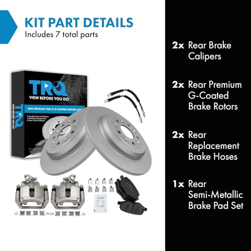 Image of TRQ Rear Brake Pad and Rotor Set Semi Metallic Coated Rotors Calipers Compatible with 2015-2018 Ford Flex Lincoln MKT