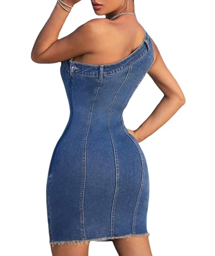 Image of Sexyshine Women's Sexy One Off Shoulder Bodycon Denim Mini Dress Sleeveless Tube Top Raw Hem Slim Fit Jeans Dress