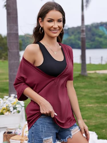 Image of UNCLECAT Womens Deep V Neck T Shirts Summer Oversized Short Sleeve Tops