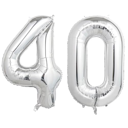 Image of Number Balloons Silver Party Balloon - Giant Number 40 Balloon, 40 Inch Large Balloon for 40th Birthday Decorations, Silver Party Supplies for Anniversary