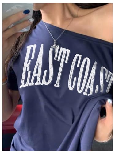 Women's Off The Shoulder Tops Letter Print Oversized Graphic Tees Vintage Y2k 90s Outfits Trendy3