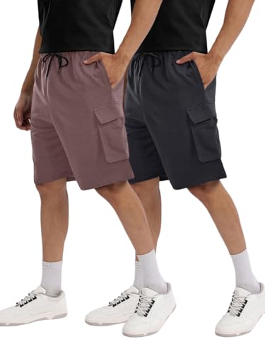 Image of Pinkmint Cargo Shorts for Men Pack of 2 Cotton Lycra Training Gym Shorts for Men Casual Workout Lightweight Summer Shorts with Dual Side Pockets Half Pant for Running, Gym, Walking, Travel