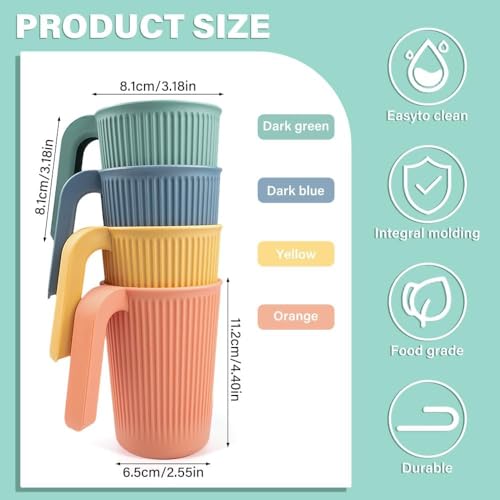 Image of Wheat Straw Plastic Coffee Mug Set with Handle | Lightweight & Durable Drinking Cups | Food Grade Reusable Tea Cups, Easy to Clean, Mug for Home Kitchen Office (Set of 4, Multicolor)