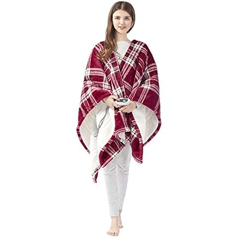 Beautyrest Reversible Faux Sherpa to Fleece Electric Wrap Poncho Blanket Shawl Wearable, Auto Shut Off, Virtually Zero EMF, Multi Heat Setting, UL Certified, Machine Washable, Red Plaid 50" x 64" Cover
