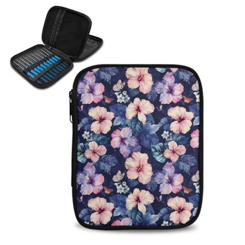 Image of Purple Hibiscus Crochet Hook Case Crochet Hook Holder Portable Storage Bag with Web Pockets Suitable for Needles /Knitting Accessories