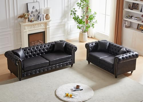 Image of 2 Piece Living Room Sofa Set,Faux Leather Button Tufted Couch and Loveseat Set with Nailhead Trim&Roll Armrests,Mid Century Modern Chesterfield Sofa for Living Room,Office(Loveseat+3 Seater,Black)