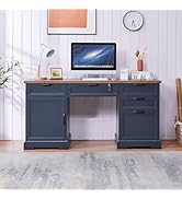 LayBurst 60" Farmhouse Executive Desk with Charging Station,Home Office Desk with 4 Drawers & 1 C...