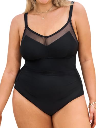 CUPSHE Plus Size Women's One Piece Swimsuit V Neck Mesh Swimwear Adjustable Straps Back Hook Bathing Suit