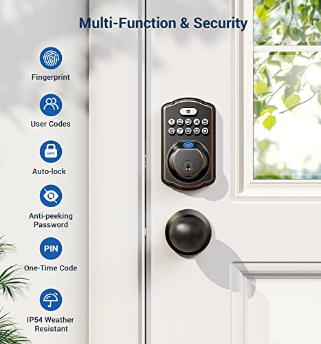 Veise Fingerprint Door Lock With 2 Door Knobs - Keyless Entry Door Lock With Handle, Electronic Keypad Deadbolt Smart Front Door Lock Set, Auto Lock, Waterproof, Easy Installation, Oil Rubbed Bronze #TOP4