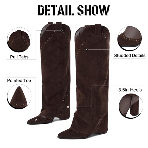 Image of EQAUDES Knee High Boots for Women Tall Cowboy Cowgirl Fold Over Shark Boots | Snip Toe, 3.5'' Block Heel, Hidden Zipper, Studded Desgin, Festival Boots, Slouch Boots for Party, Travel and Formal Outfits