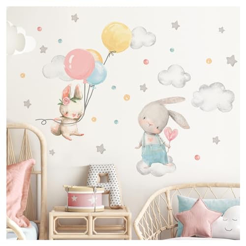 DEKO KINDERZIMMER Adhesivo decorativo para pared, diseño de conejos con globos, diseño de nubes y estrellas