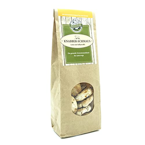 Bellfor Knabber-Schmaus Hundekekse mit frischem Lammfleisch – 100 g. Getreide- und glutenfreie Hundeleckerlis für Sensible Hunde. Hundekekse zur Zahnpflege