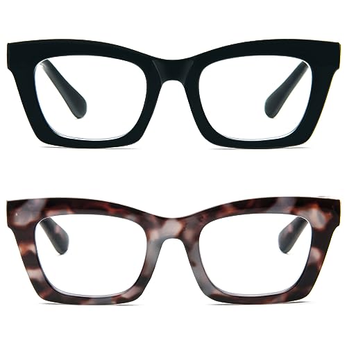 Kodilin 2 Pacco Occhiali da Lettura Vintage Oversize Square Frame Grande Retrò Quadrati Rettangolar Anti Luce Blu per Donna Cerniera a molla Nero+Tartaruga 1.5