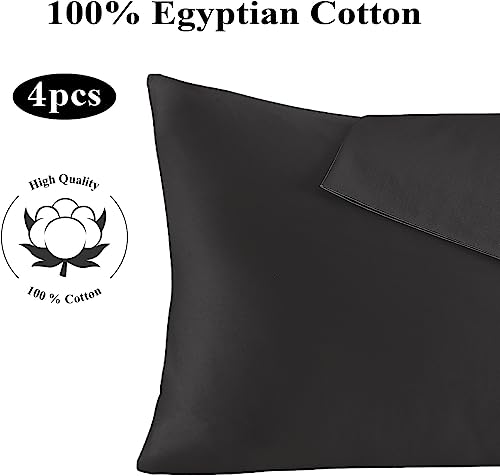 Image of 100% Egyptian Cotton Pillow Protectors Set of 4, 600 Thread Count Standard Size Bed Pillow Cases with Zipper, Sateen Weave Cooling Pillow Cases Quiet and Breathable Easy Care (4PCS, Standard, Black)