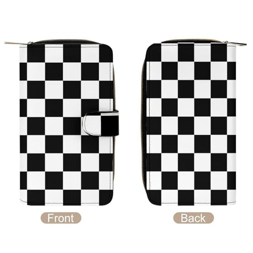 Black White Race Checkered Flag Pattern Leather Wallets Large Capacity Zipper Pocket Card Holder with ID Window3