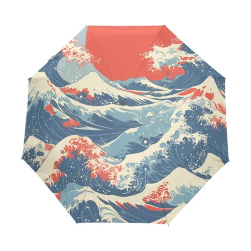 Parapluie automatique pliable rouge motif vagues anti-UV pour voyage et plage