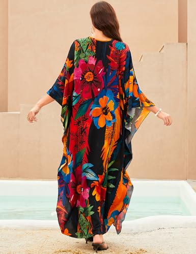 Image of MAKABO Kaftan Dresses for Women, V Neck Moo Moos Colorful Print Cover Ups Caftan Beach Dresses for Swimwear