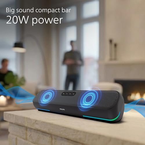 Image of Philips TAB4120BK /94 Wireless Bluetooth Soundbar, 20W, 8H Playtime, Bluetooth 5.1, TWS Mode, RGB Light, LED Indicator, Built-in Mic, Voice Assistant, AUX /USB /TF card input, USB-C Charging (Deep Black)