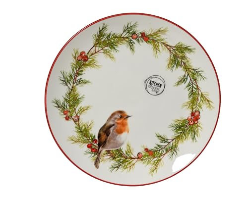 Kaemingk Plato de desayuno de porcelana de 19,5 cm, 1 unidad, plato con diseño de pájaro, vajilla de Navidad, vajilla para Navidad, vajilla de desayuno, plato de cena, color blanco y rojo