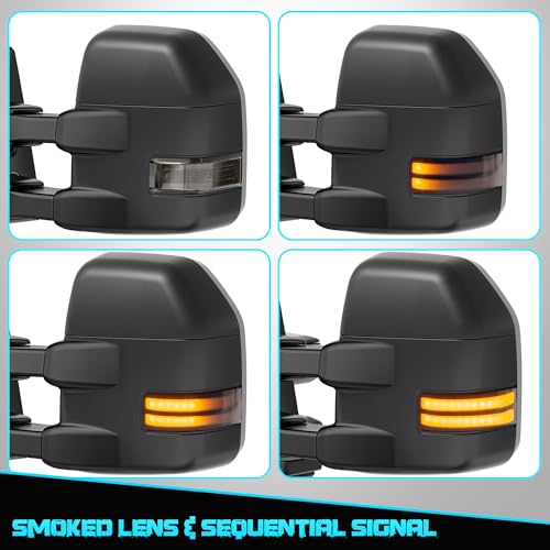 Image of WHALEMOTOR Smoked Power Heated Tow Mirrors Compatible with 2015-2020 Ford F150 F-150, Extended Trailer Towing Side Mirrors w /Sequential Turn Signal & Ambient Temp Sensor(for 2019+)
