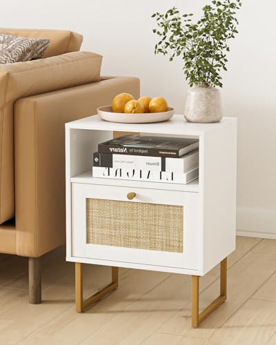 Image of Rattan Nightstand, Boho Night Stand Farmhouse Wood Bedside Table with Storage and Open Shelf, End Side Accent Table for Bedroom,Living Room,White