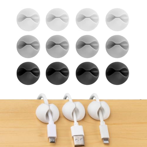 SGERUFZ 12 Piezas Organizador de Cables Autoadhesivo, Sujeta Cables para USB, Cargador, Cable de Red, Gestión de Cables para Oficina y Escritorio (3 Colores)