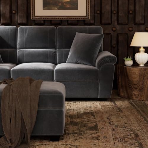 Image of Anderson 6 Seater Fabric Sofa Set (3+2+1) with Storage Ottoman Dark Grey, Premium Velvet Finish Upholstery, Solid Wood Frame, High Density Foam Cushions, Modern Living Room Furniture