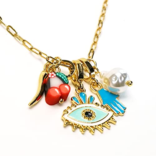 Paperclip Pendant Protection Necklace - Pendant Necklace With Italian Horn Evil Eye Hand and Foot Pearls3