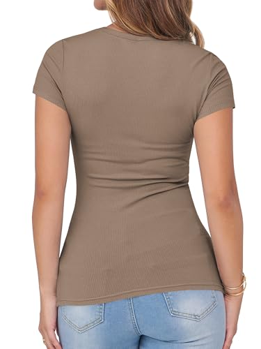 Image of Albe Rita Women Short Sleeve T-Shirt Cap V Neck Shirts for Women Ribbed Casual Top Knit Slim Fit for Summer