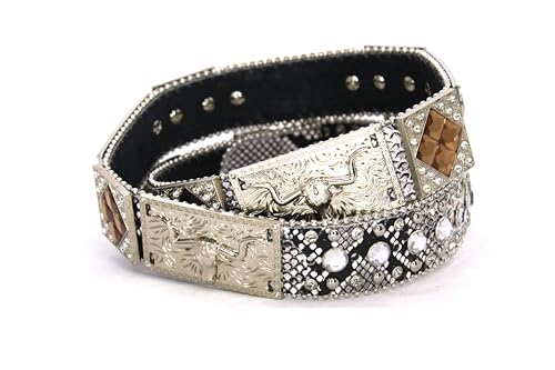 Genuine Leather Belt for Women & Cowboy Big Rhinestone With Engraved Buckle Country Style Silver2