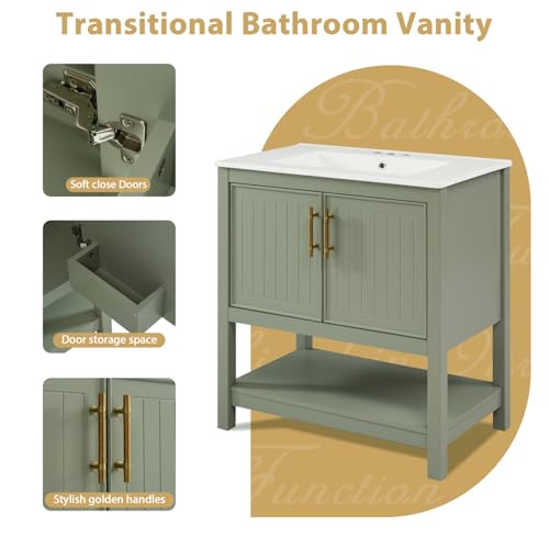 Geelife 30-Inch Green Bathroom Vanity with Ceramic Sink and Versatile Storage for Small Bathrooms - Thumbnail 5