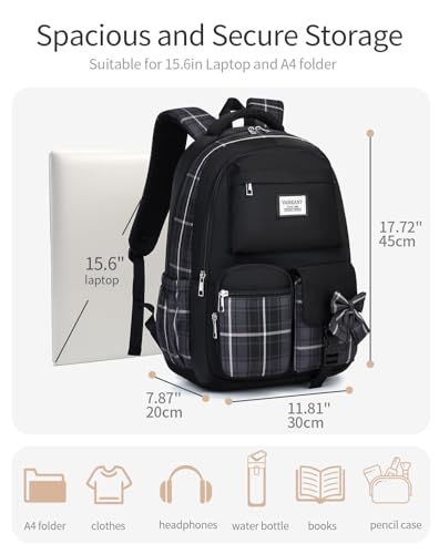 Image of Black Backpack for Girls, Cute Teenage Bookbag for Women Middle School Highschool College Student Mochila Universitaria para Mujer
