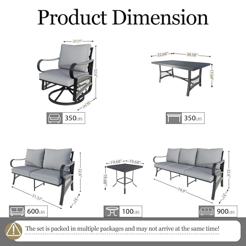 Image of 9 Pieces Patio Conversation Sets, All-Weather Metal Swivel Rocking Chairs with Rope Furniture Set, Outdoor Sofa Couch for Deck, Porch, Garden, Backyard, Poolside (Gray Cushions)